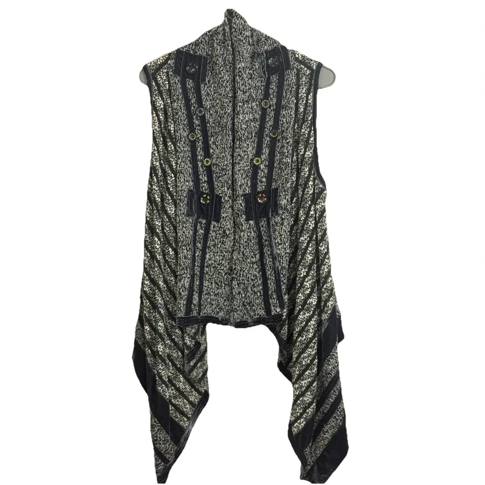 Anis A Open‎ Front Sweater Vest Size S Gray White Striped Knit Velvet Trim